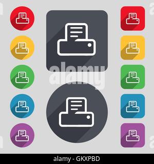 Printing icon sign. A set of 12 colored buttons and a long shadow. Flat design. Vector Stock Vector