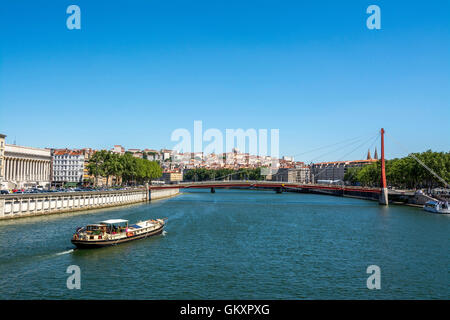 Lyon. Bridge of Palais de Justice and district of Croix Rousse. Rhone-Alpes. France Stock Photo