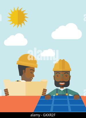 African man putting a solar panel on the roof. Stock Vector