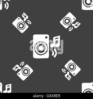 music column, disco, music, melody, speaker icon sign. Seamless pattern on a gray background. Vector Stock Vector