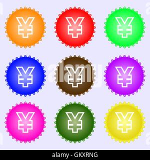 Yen JPY icon sign. A set of nine different colored labels. Vector Stock Vector
