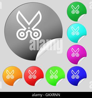 scissors icon sign. Set of eight multi colored round buttons, stickers. Vector Stock Vector