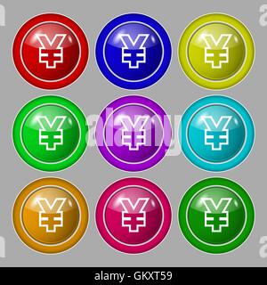 Yen JPY icon sign. symbol on nine round colourful buttons. Vector Stock Vector