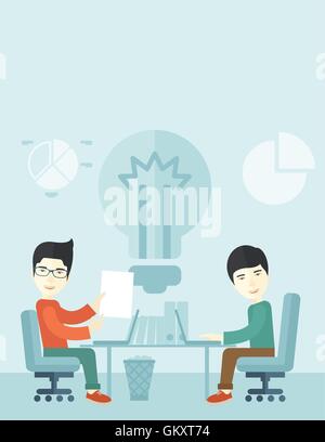 Two japanese businessmen sitting working together. Stock Vector