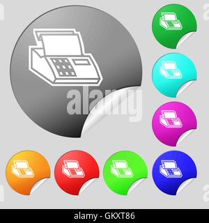 Cash register machine icon sign. Set of eight multi colored round buttons, stickers. Vector Stock Vector