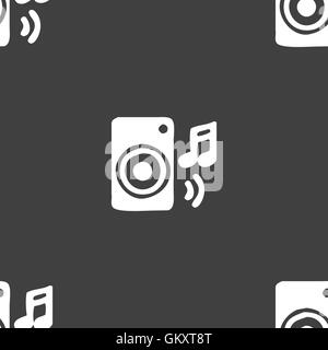 music column, disco, music, melody, speaker icon sign. Seamless pattern on a gray background. Vector Stock Vector