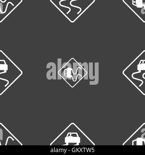 Road slippery icon sign. Seamless pattern on a gray background. Vector Stock Vector