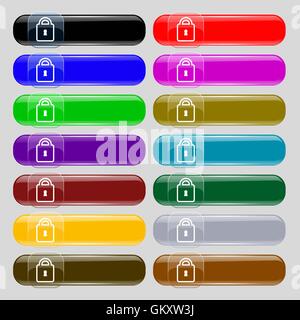 Lock icon sign. Set from fourteen multi-colored glass buttons with place for text. Vector Stock Vector