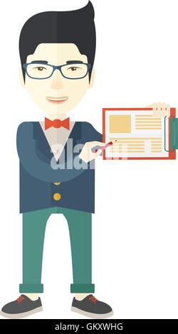 Handsome asian man wearing blue jacket holding his clipboard. Stock Vector