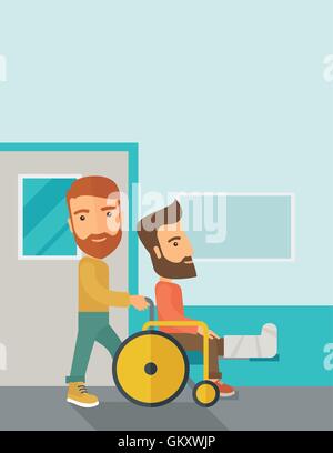 Man pushing the wheelchair with broken leg patient. Stock Vector