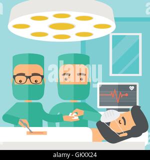 Two surgeons looking over a patient in an operating room Stock Vector