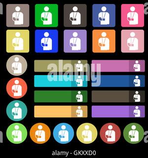 broken arm, disability icon sign. Set from twenty seven multicolored flat buttons. Vector Stock Vector