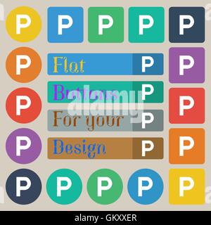 parking icon sign. Set of twenty colored flat, round, square and rectangular buttons. Vector Stock Vector