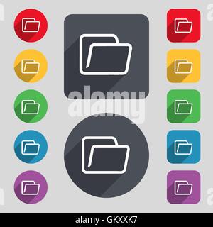 Folder icon sign. A set of 12 colored buttons and a long shadow. Flat design. Vector Stock Vector