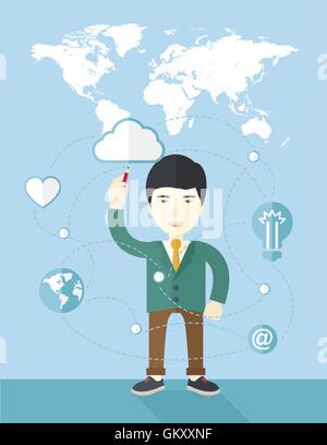 Businessman holding a pen making his presentation on glass board. Stock Vector