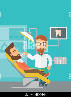 Dentist man examines a patient teeth in the clinic Stock Vector