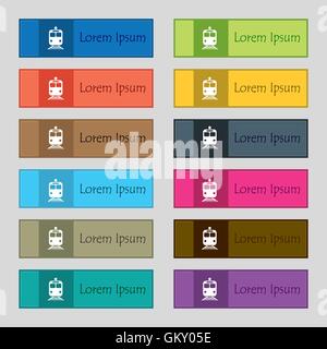 train icon sign. Set of twelve rectangular, colorful, beautiful, high-quality buttons for the site. Vector