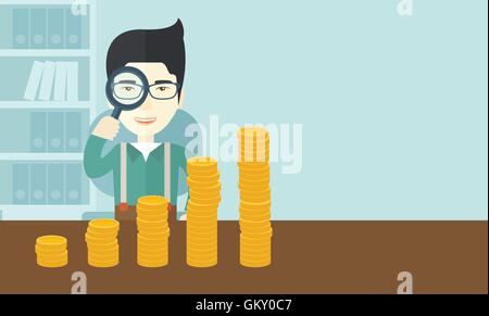 Japanese man looking at his growing business using magnifying glass. Stock Vector