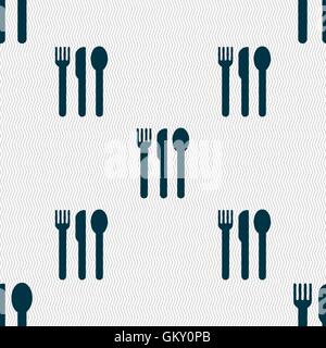 fork, knife, spoon icon sign. Seamless pattern with geometric texture. Vector Stock Vector