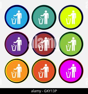 throw away the trash icon sign. Nine multi colored round buttons. Vector Stock Vector