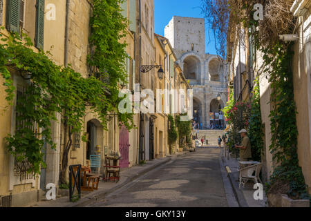 Street leading up to the colosseum at Arles in the South of France. Stock Photo