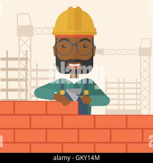 Black builder man is building a brick wall. Stock Vector