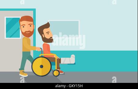 Man pushing the wheelchair with broken leg patient. Stock Vector