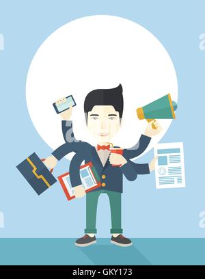 Young but happy japanese employee doing multitasking office tasks. Stock Vector