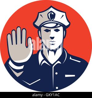 Traffic Policeman Hand Stop Sign Circle Retro Stock Vector
