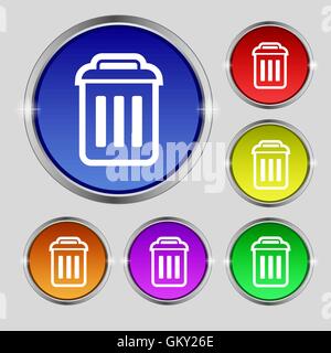 the trash icon sign. Round symbol on bright colourful buttons. Vector Stock Vector