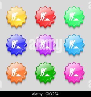 repair of road, construction work icon sign. symbol on nine wavy colourful buttons. Vector Stock Vector