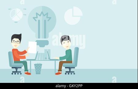 Two japanese businessmen sitting working together. Stock Vector