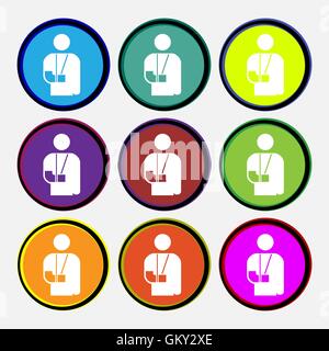 broken arm, disability icon sign. Nine multi colored round buttons. Vector Stock Vector
