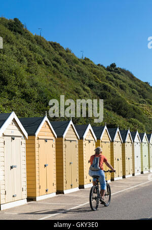 Bournemouth, Dorset, UK 23 August 2016. Cyclist cycles along promenade past colourful beach huts at Bournemouth beach on a hot sunny day Credit:  Carolyn Jenkins/Alamy Live News Stock Photo
