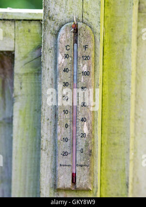 Brighton, UK. 24th Aug, 2016. A thermometer reads 32 degrees centigrade in the shade in a Brighton garden this morning . The temperatures are forecast to go well above thirty throughout southern Britain as the heatwave weather continues Credit:  Simon Dack/Alamy Live News Stock Photo