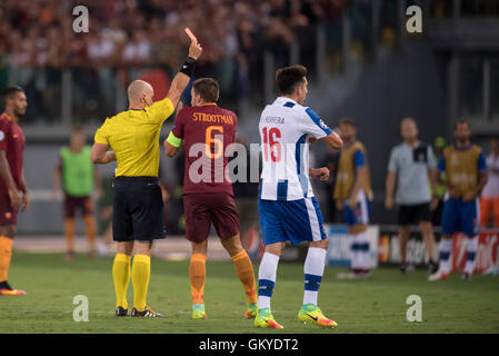 Szymon Marciniak (Referee), AUGUST 23, 2016 - Football / Soccer : Referee Szymon Marciniak shows a red card to Emerson of AS Roma during the UEFA Champions League Play-off 2nd leg match between AC Roma 0-3 FC Porto at Stadio Olimpico in Rome, Italy. (Photo by Maurizio Borsari/AFLO) Stock Photo