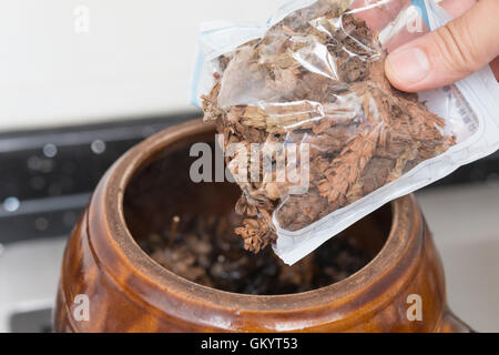 putting bag of herbal to an enamel pot to decoct herbal medicine Stock Photo