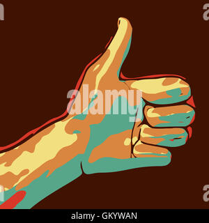 abstract art hand showing thumbs up symbol on dark background illustration Stock Photo