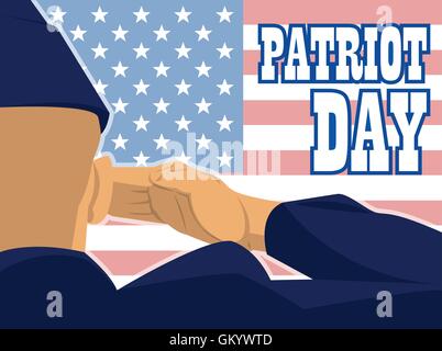 Patriot day card with the flag of unites states of america and a military soldier with hand gesture saluting. Digital vector ima Stock Vector