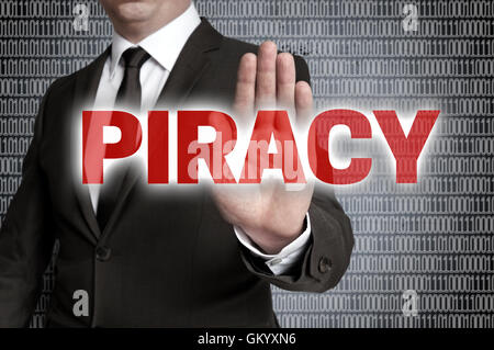 piracy with matrix is shown by businessman. Stock Photo