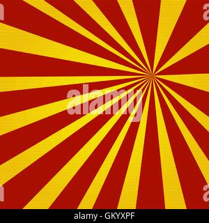 Colored back Pop-Art Style yellow red background. Comic backdrop sunlight, line space. Fun halftone comics book radial template Stock Vector