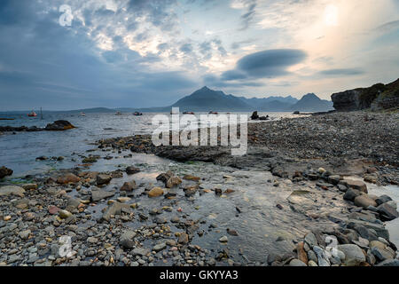 A stormy evening on the beach at Elgol on the Isle of Skye in Scotland, looking across Loch Scavaig to Soay Stock Photo