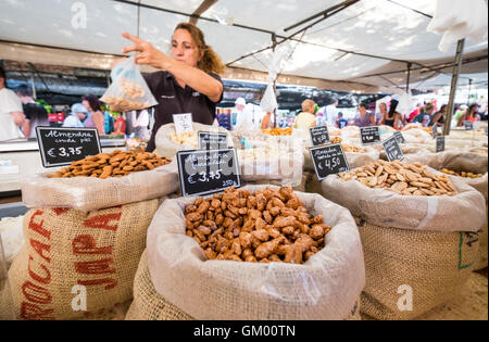 Mallorca almonds on sale at the market in Alcudia old town Majorca / Mallorca Stock Photo