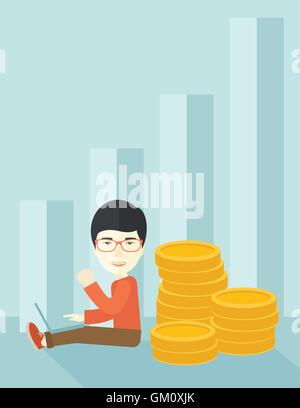 Successful chinese businessman sitting with a pile of gold. Stock Vector