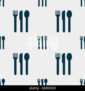 fork, knife, spoon icon sign. Seamless pattern with geometric texture. Vector Stock Vector