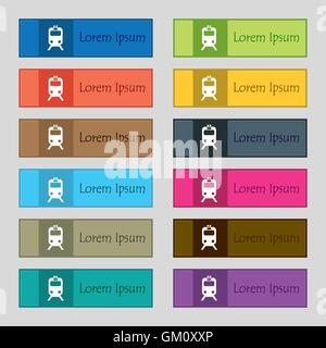 train icon sign. Set of twelve rectangular, colorful, beautiful, high-quality buttons for the site. Vector Stock Vector