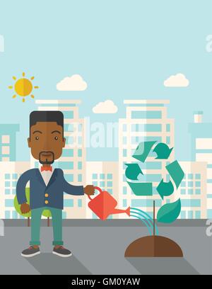 Man watering a recycling tree. Stock Vector