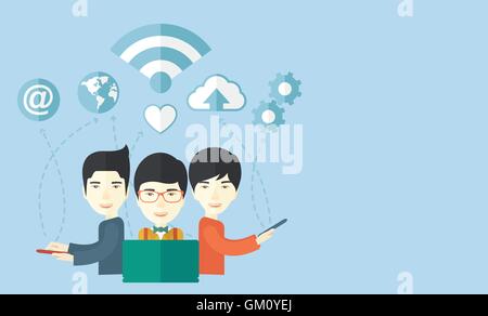 Asian men using modern technology. Stock Vector
