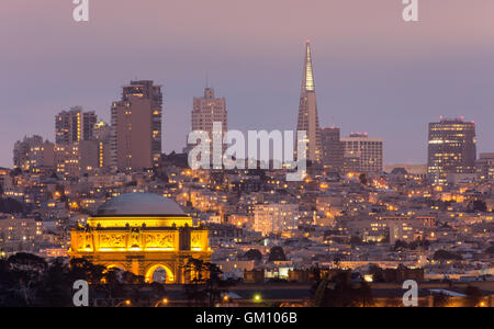 Palace of Fine Arts stands out with San Francisco Downtown background. Stock Photo