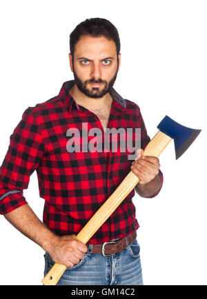 Lumberjack with plaid shirt on white background Stock Photo